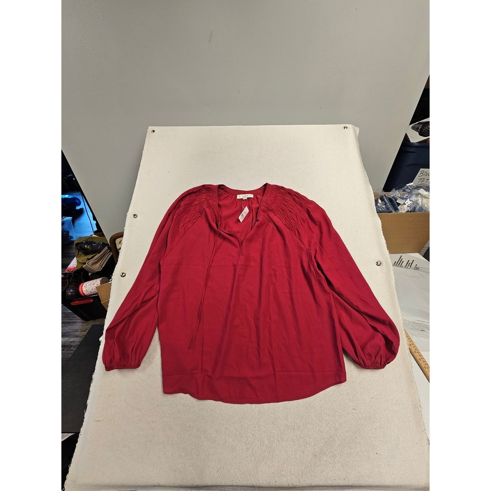 LOFT Red Smocked Shoulder Split Neck Tie Blouse XXL NWT career business